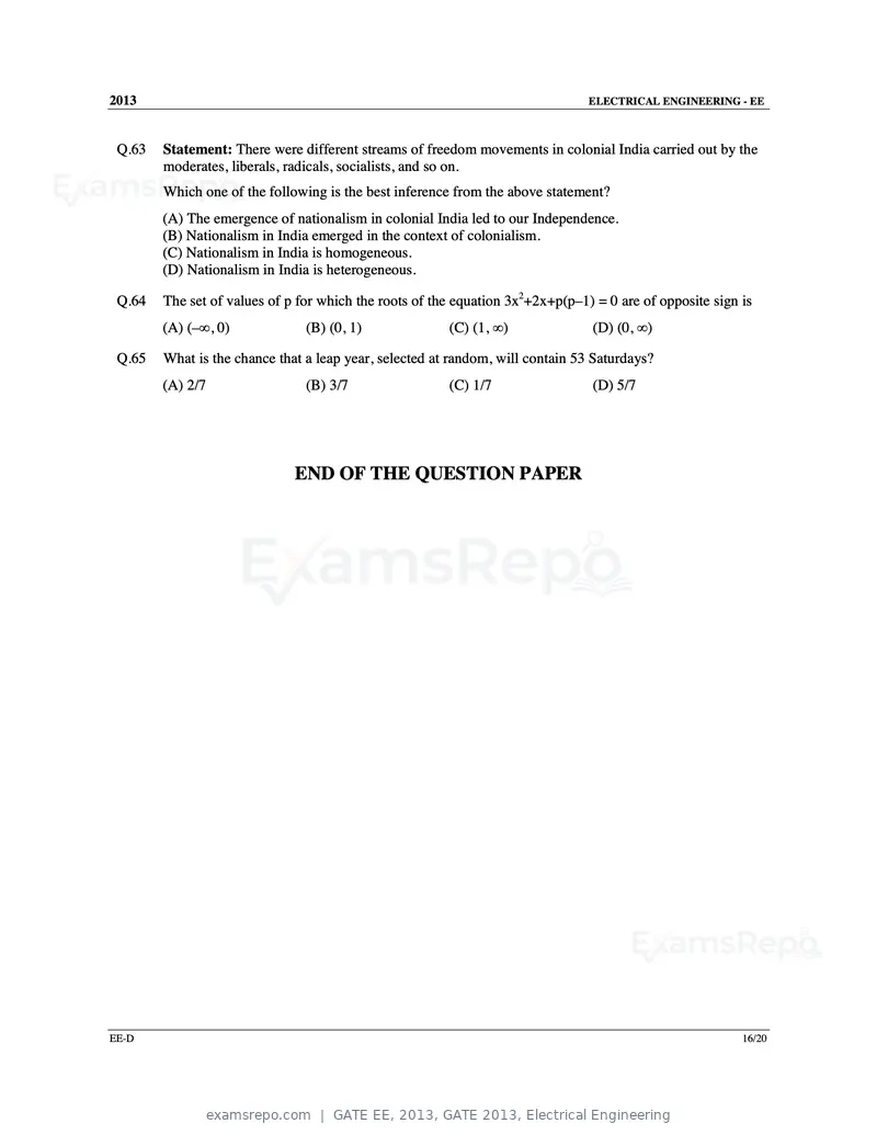 GATE EE 2013 question paper, GATE 2013, Electrical Engineering, page 68 of 68