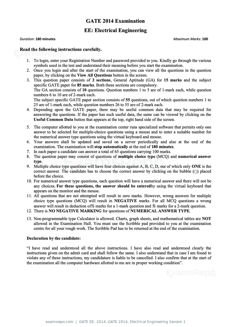 GATE EE 2014 question paper, GATE 2014, Electrical Engineering Session 1, page 28 of 65