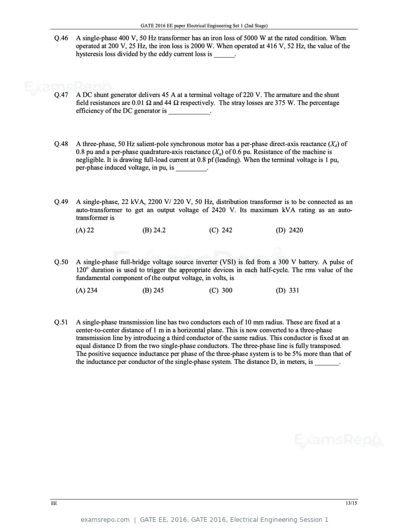 GATE EE 2016 question paper, GATE 2016, Electrical Engineering Session 1, page 16 of 37