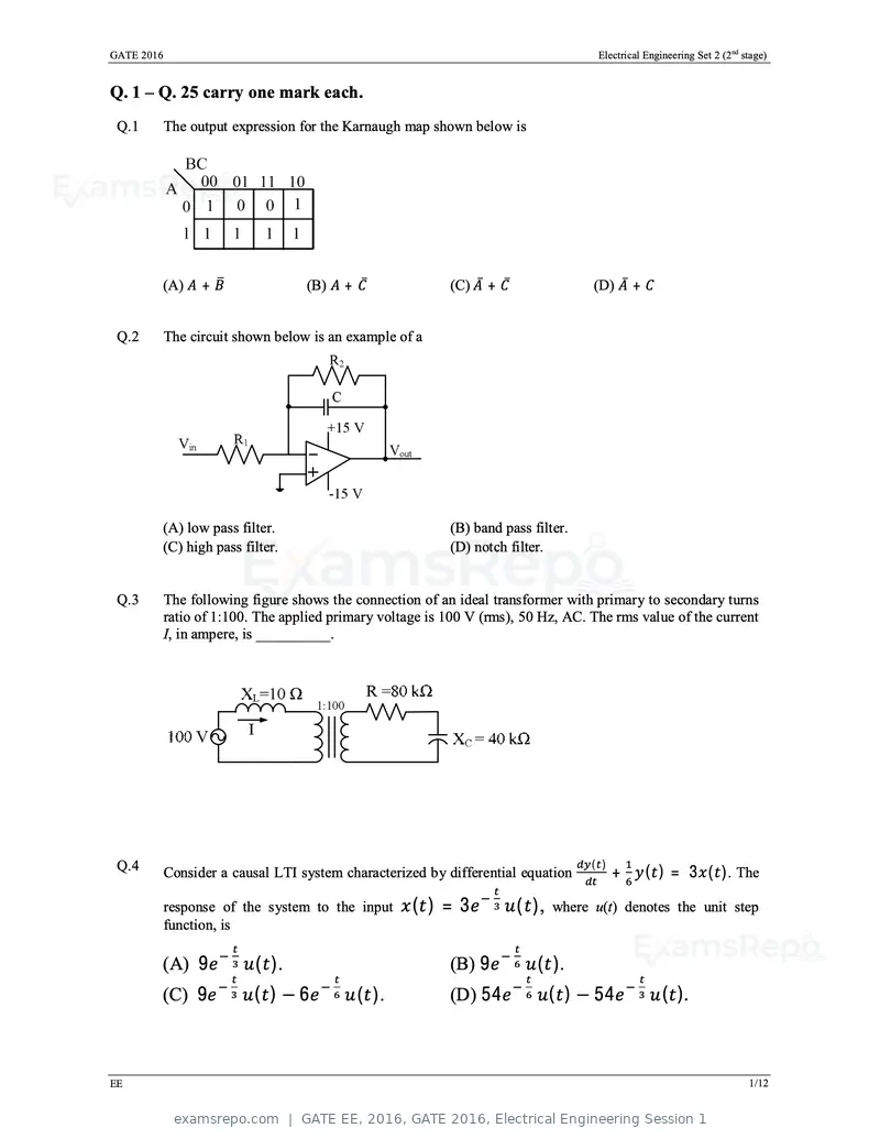 GATE EE 2016 question paper, GATE 2016, Electrical Engineering Session 1, page 24 of 37