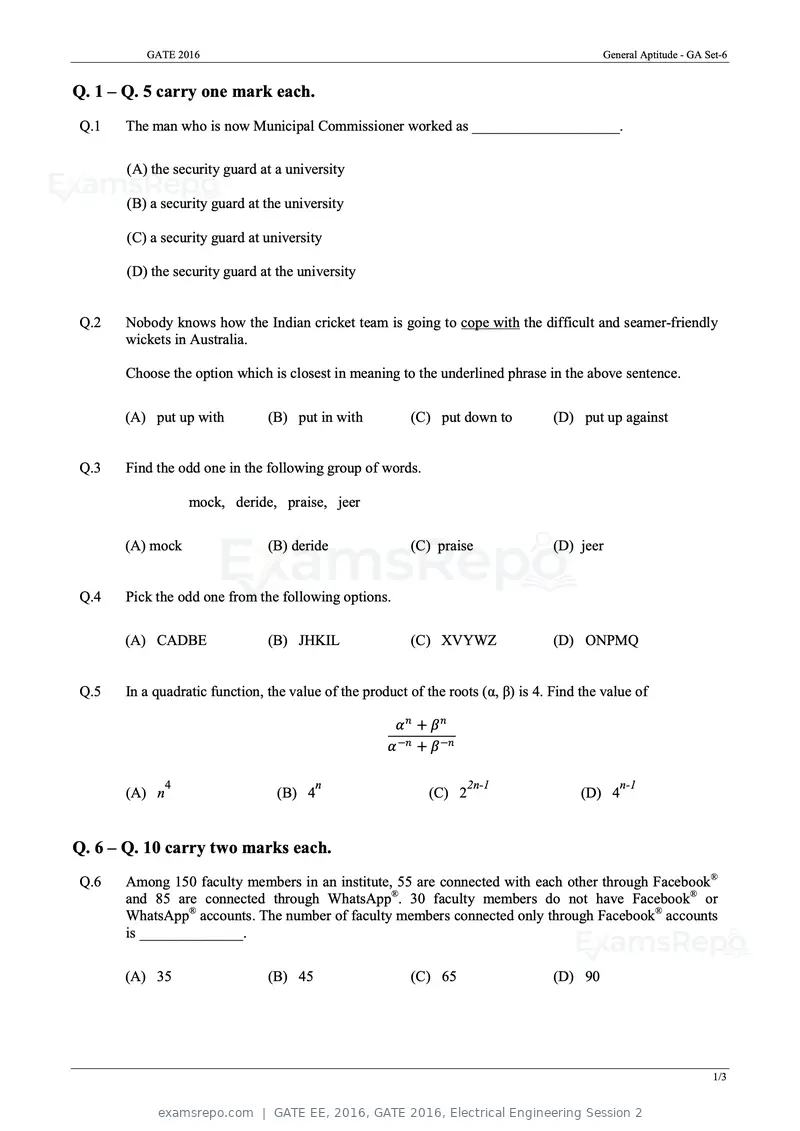 GATE EE 2016 question paper, GATE 2016, Electrical Engineering Session 2, page 1 of 37
