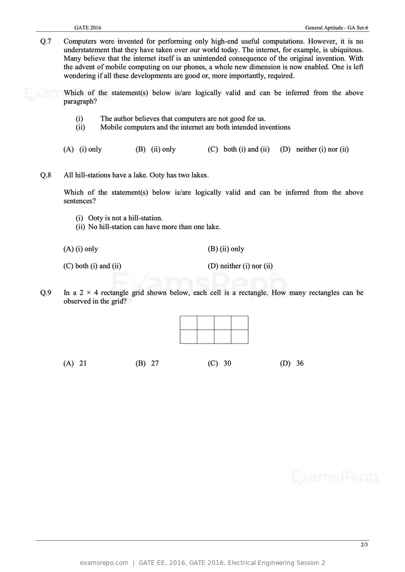 GATE EE 2016 question paper, GATE 2016, Electrical Engineering Session 2, page 2 of 37