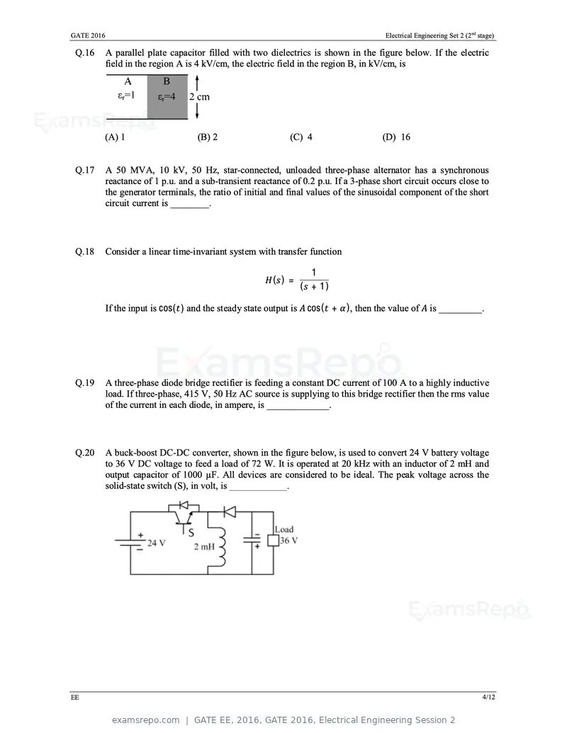 GATE EE 2016 question paper, GATE 2016, Electrical Engineering Session 2, page 27 of 37