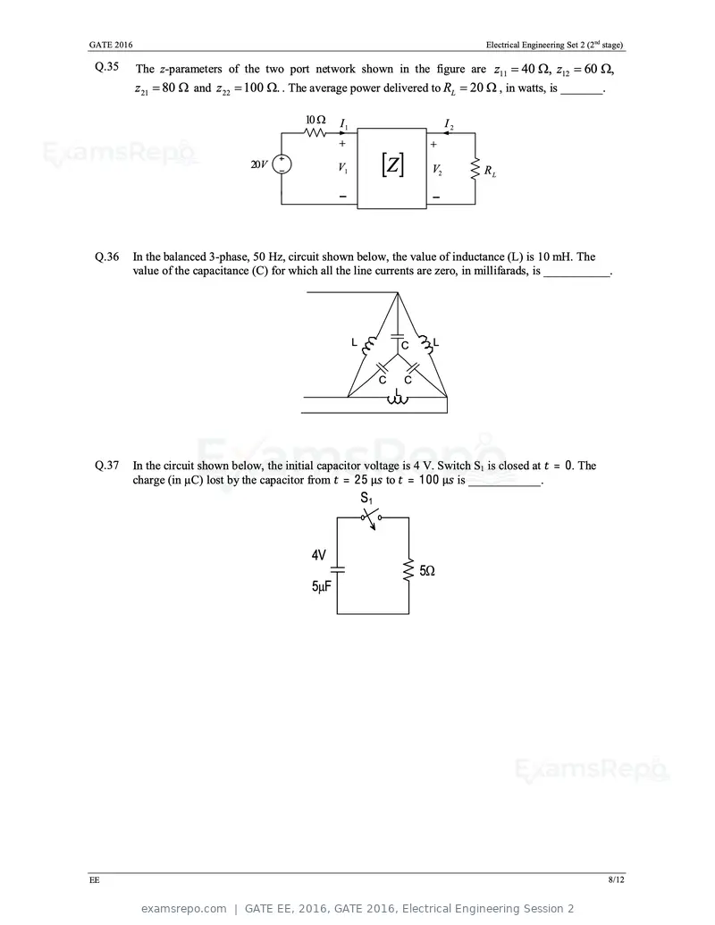 GATE EE 2016 question paper, GATE 2016, Electrical Engineering Session 2, page 31 of 37