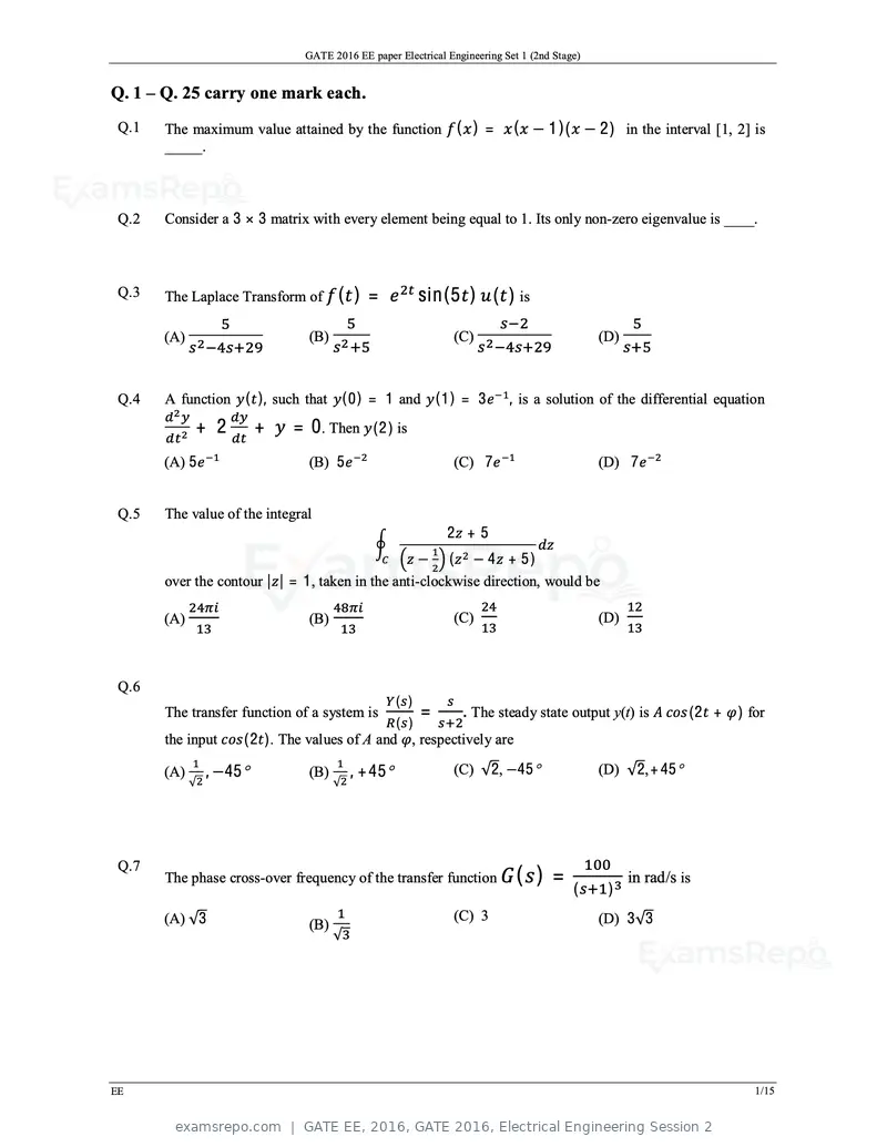 GATE EE 2016 question paper, GATE 2016, Electrical Engineering Session 2, page 4 of 37