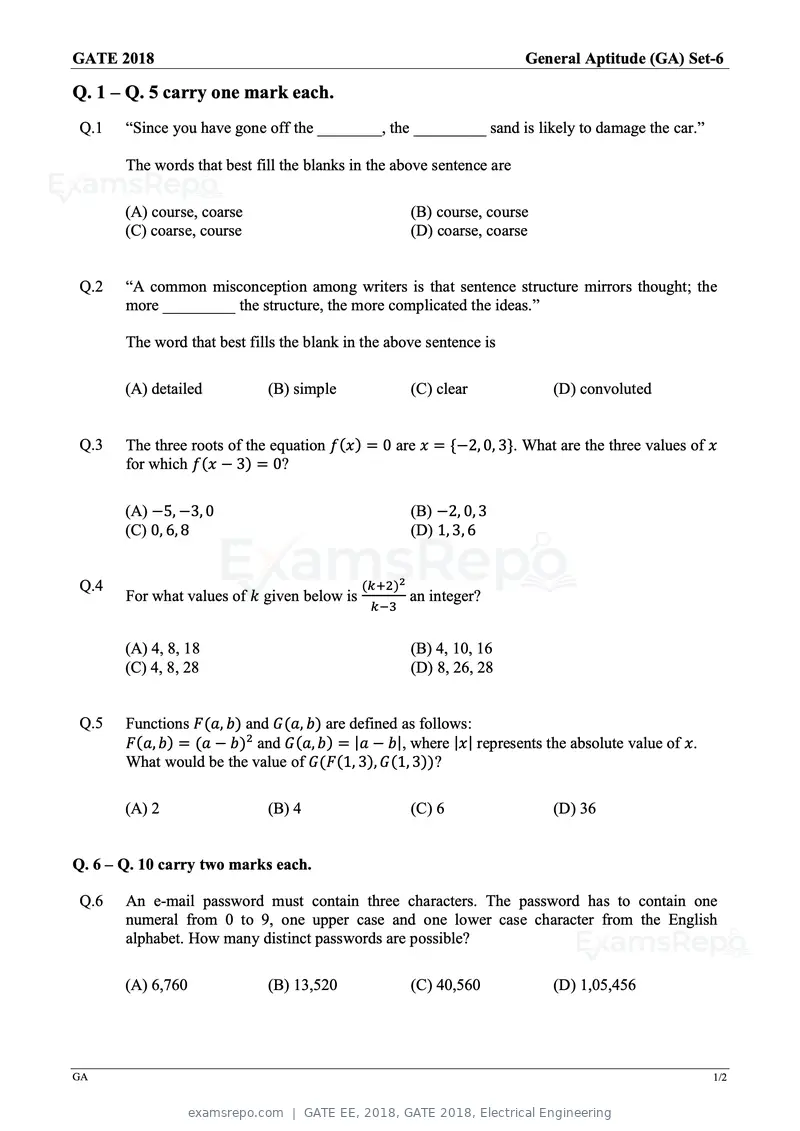 GATE EE 2018 question paper, GATE 2018, Electrical Engineering, page 1 of 20
