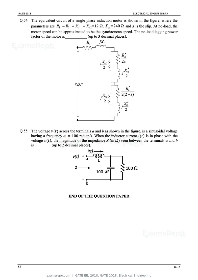 GATE EE 2018 question paper, GATE 2018, Electrical Engineering, page 17 of 20