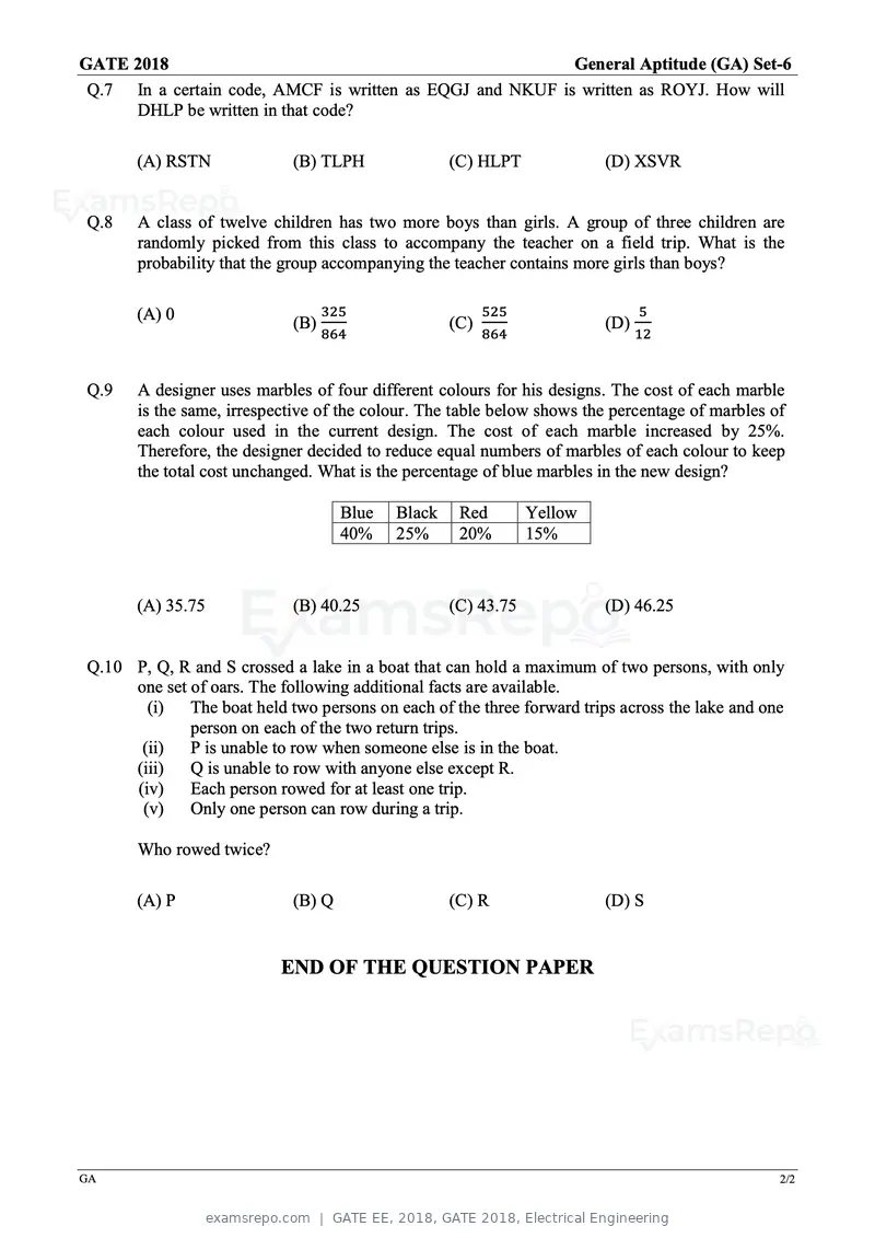 GATE EE 2018 question paper, GATE 2018, Electrical Engineering, page 2 of 20