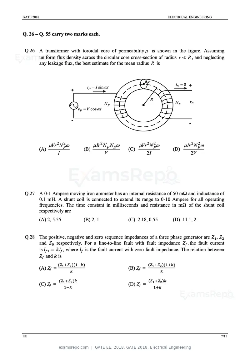 GATE EE 2018 question paper, GATE 2018, Electrical Engineering, page 9 of 20