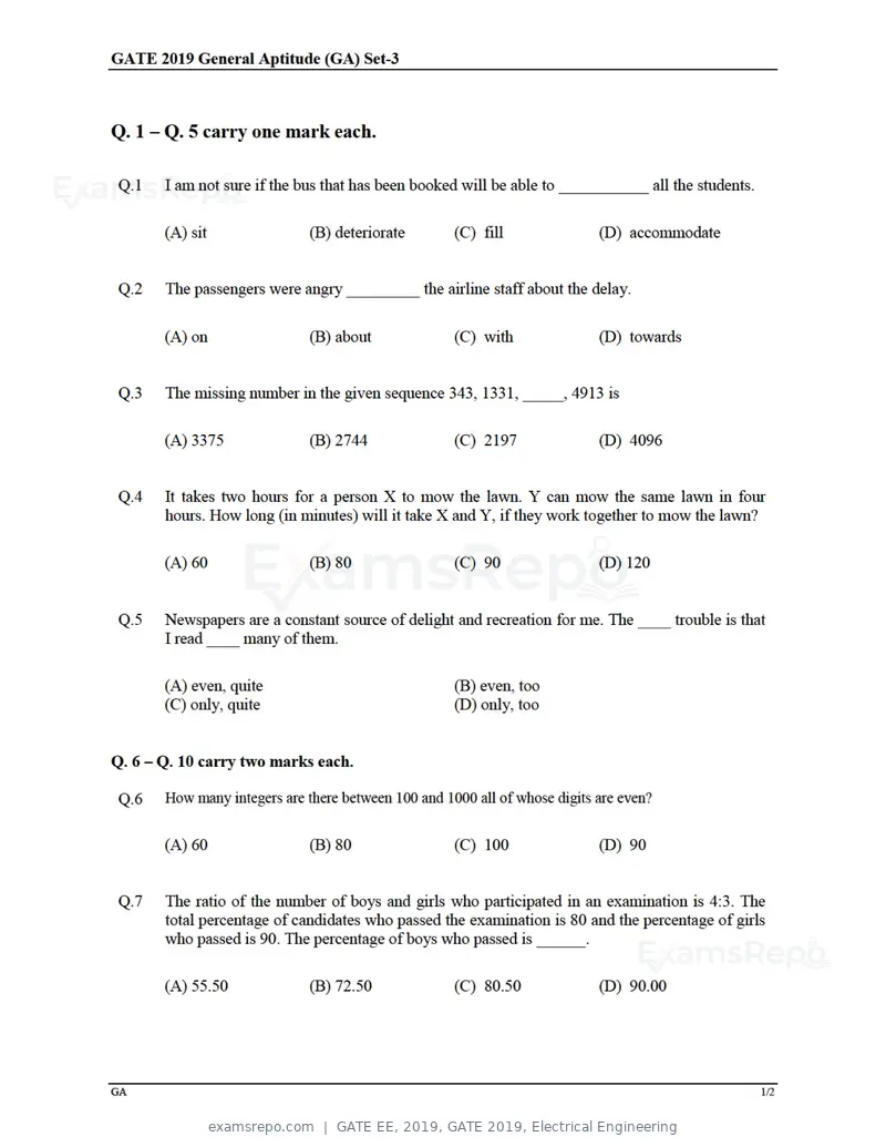 GATE EE 2019 question paper, GATE 2019, Electrical Engineering, page 1 of 16
