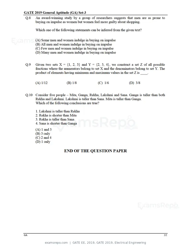 GATE EE 2019 question paper, GATE 2019, Electrical Engineering, page 2 of 16
