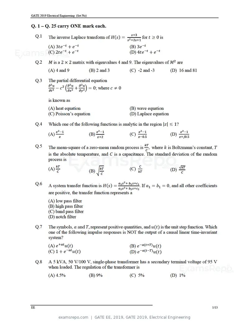 GATE EE 2019 question paper, GATE 2019, Electrical Engineering, page 3 of 16