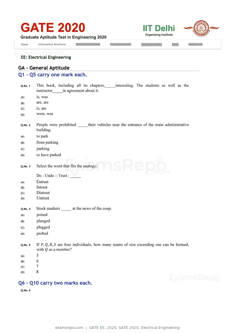 GATE EE 2020 question paper, GATE 2020, Electrical Engineering, page 1 of 20