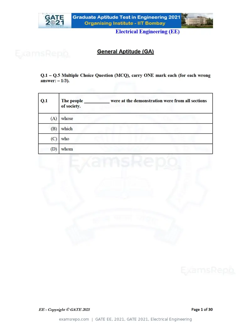 GATE EE 2021 question paper, GATE 2021, Electrical Engineering, page 1 of 33