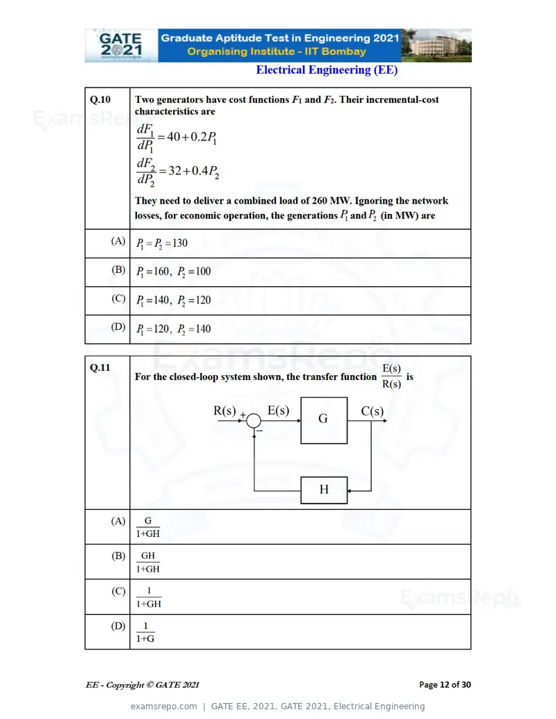 GATE EE 2021 question paper, GATE 2021, Electrical Engineering, page 12 of 33