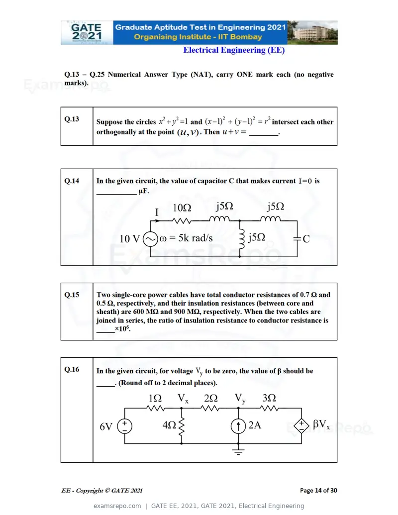 GATE EE 2021 question paper, GATE 2021, Electrical Engineering, page 14 of 33