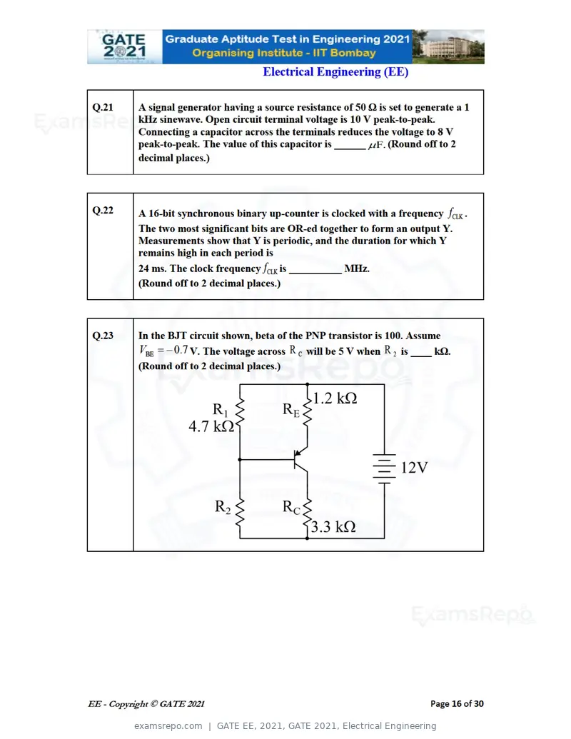 GATE EE 2021 question paper, GATE 2021, Electrical Engineering, page 16 of 33
