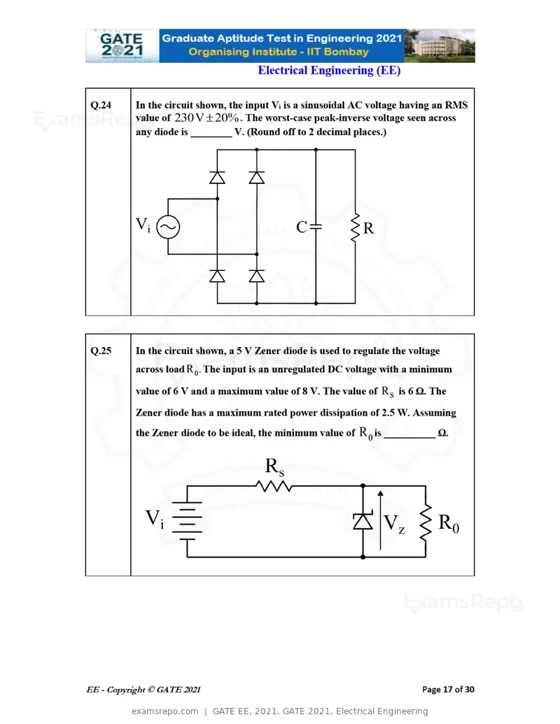 GATE EE 2021 question paper, GATE 2021, Electrical Engineering, page 17 of 33
