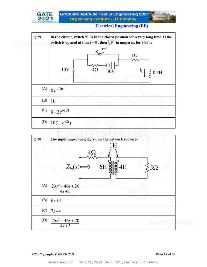 GATE EE 2021 question paper, GATE 2021, Electrical Engineering, page 19 of 33