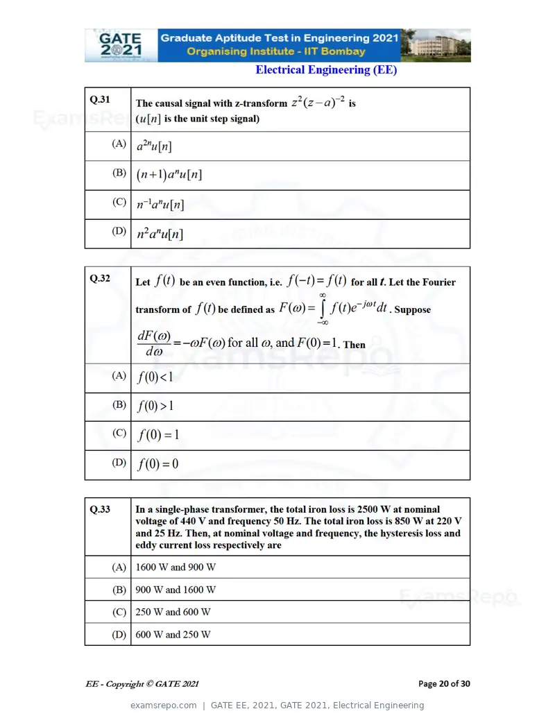 GATE EE 2021 question paper, GATE 2021, Electrical Engineering, page 20 of 33
