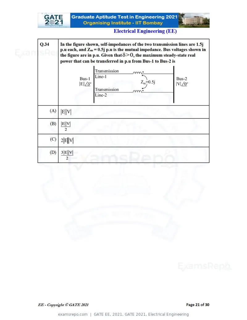 GATE EE 2021 question paper, GATE 2021, Electrical Engineering, page 21 of 33