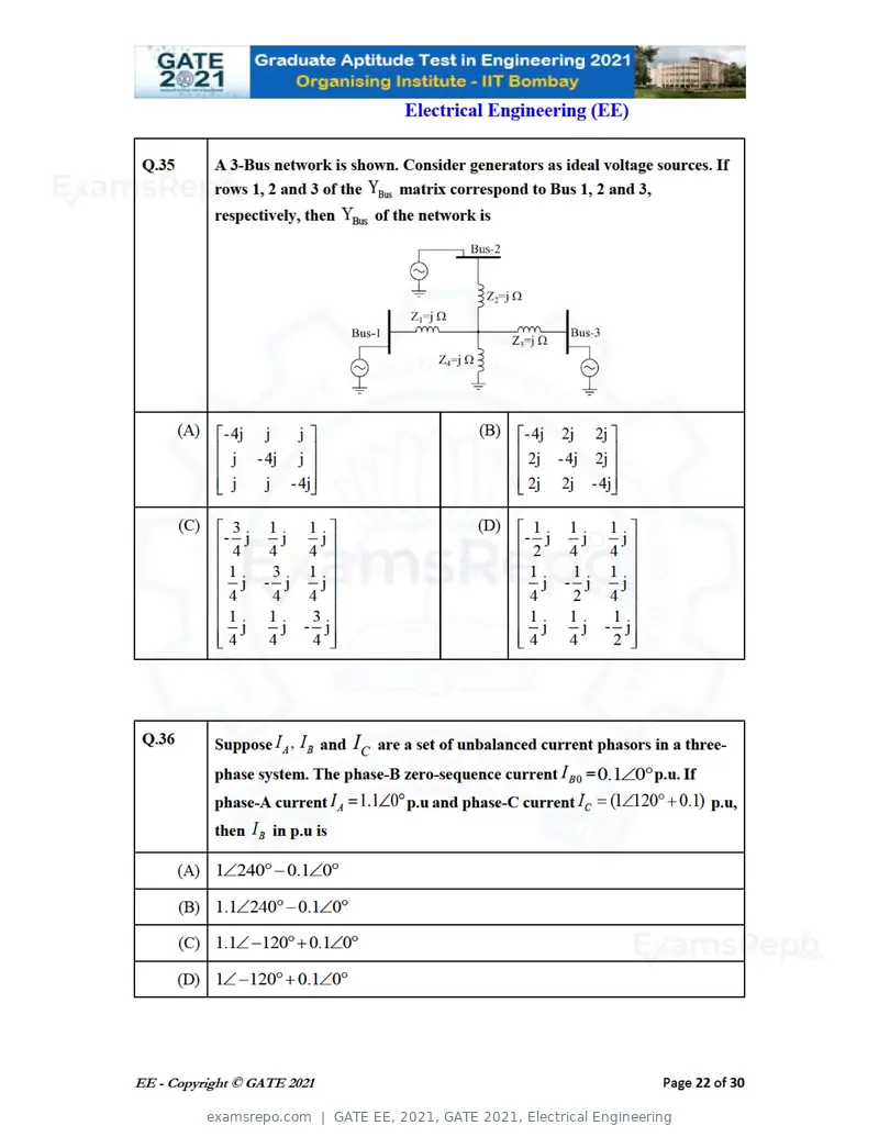 GATE EE 2021 question paper, GATE 2021, Electrical Engineering, page 22 of 33