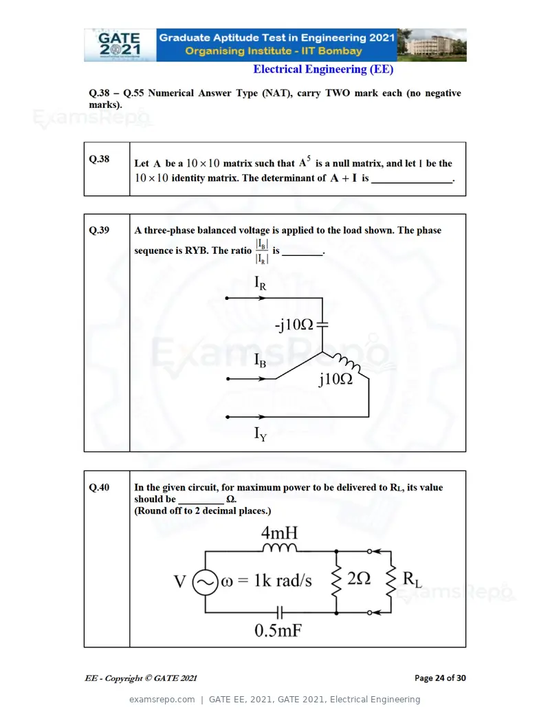 GATE EE 2021 question paper, GATE 2021, Electrical Engineering, page 24 of 33