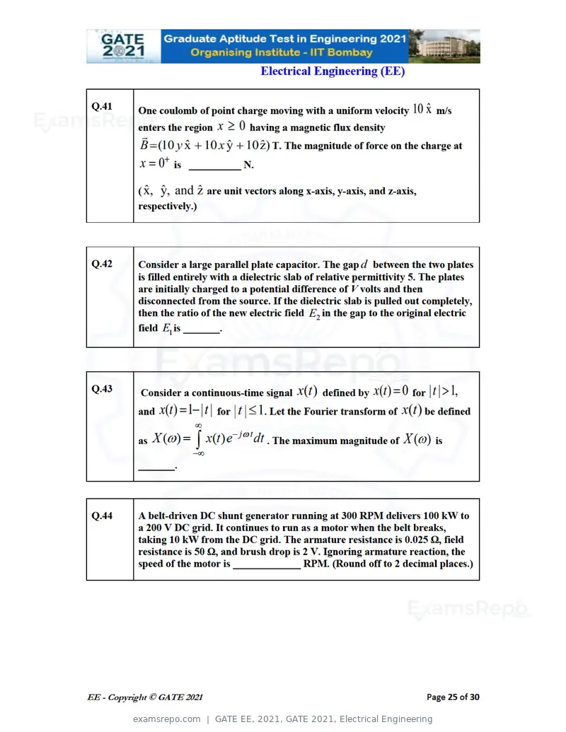 GATE EE 2021 question paper, GATE 2021, Electrical Engineering, page 25 of 33