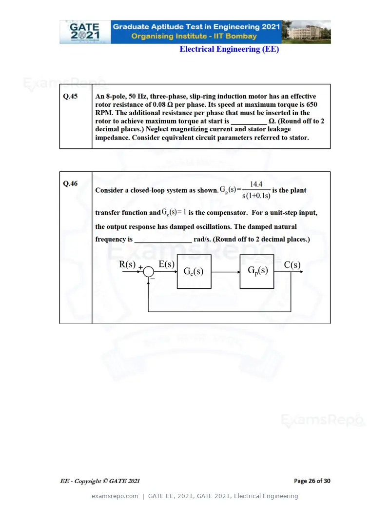 GATE EE 2021 question paper, GATE 2021, Electrical Engineering, page 26 of 33