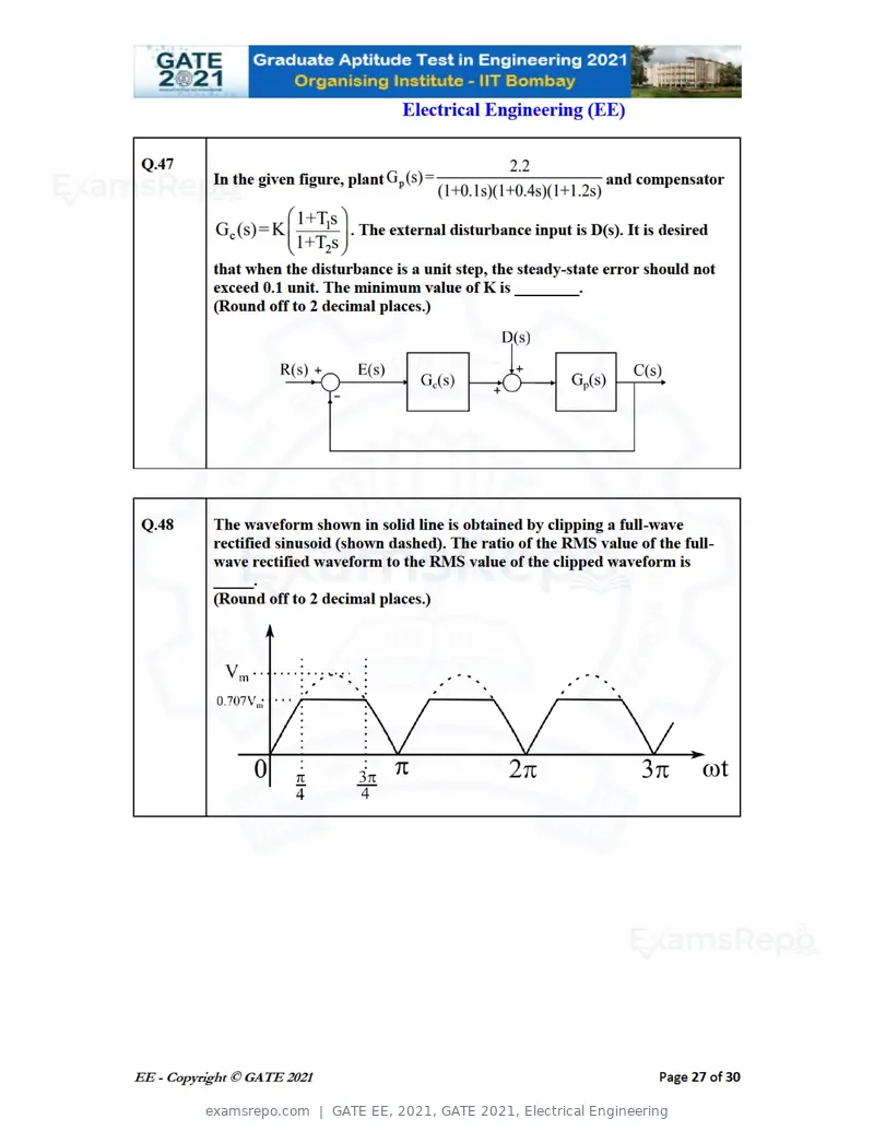 GATE EE 2021 question paper, GATE 2021, Electrical Engineering, page 27 of 33