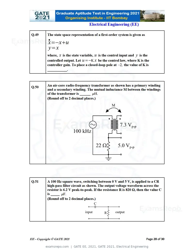 GATE EE 2021 question paper, GATE 2021, Electrical Engineering, page 28 of 33