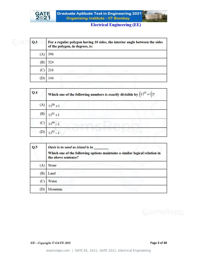 GATE EE 2021 question paper, GATE 2021, Electrical Engineering, page 3 of 33