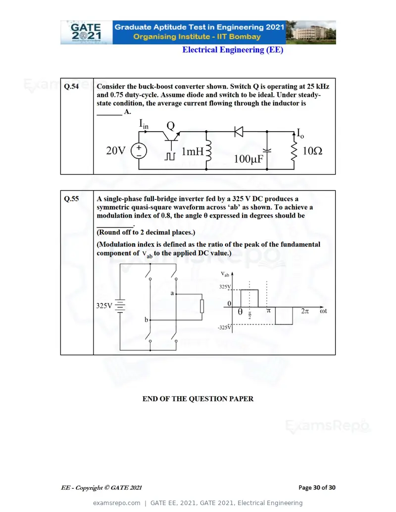 GATE EE 2021 question paper, GATE 2021, Electrical Engineering, page 30 of 33