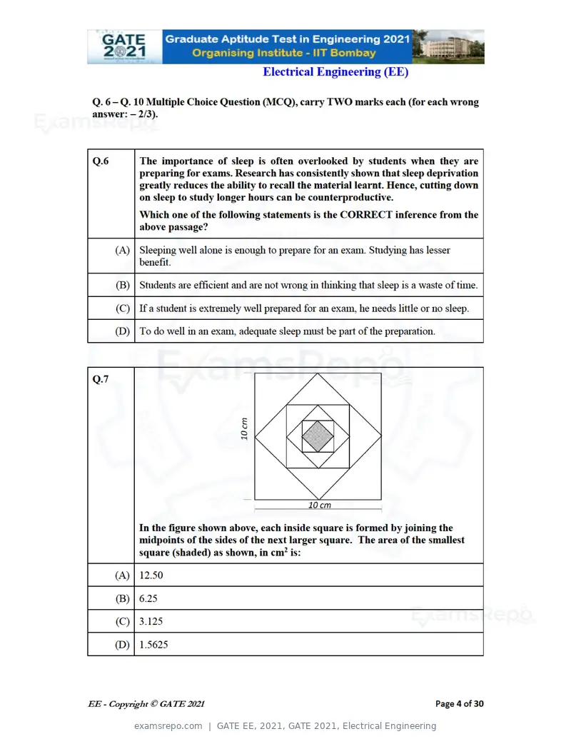 GATE EE 2021 question paper, GATE 2021, Electrical Engineering, page 4 of 33
