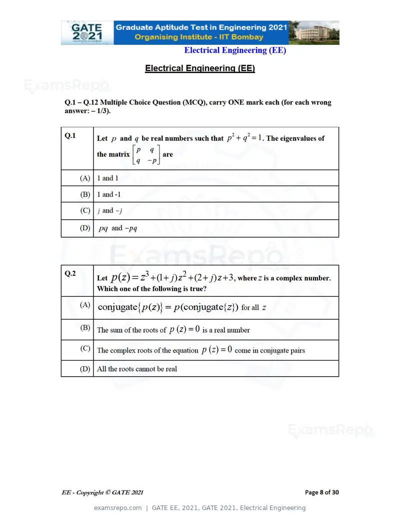 GATE EE 2021 question paper, GATE 2021, Electrical Engineering, page 8 of 33