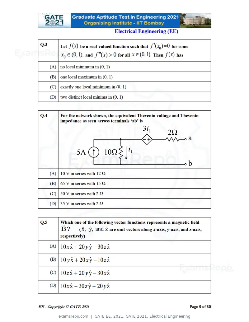 GATE EE 2021 question paper, GATE 2021, Electrical Engineering, page 9 of 33