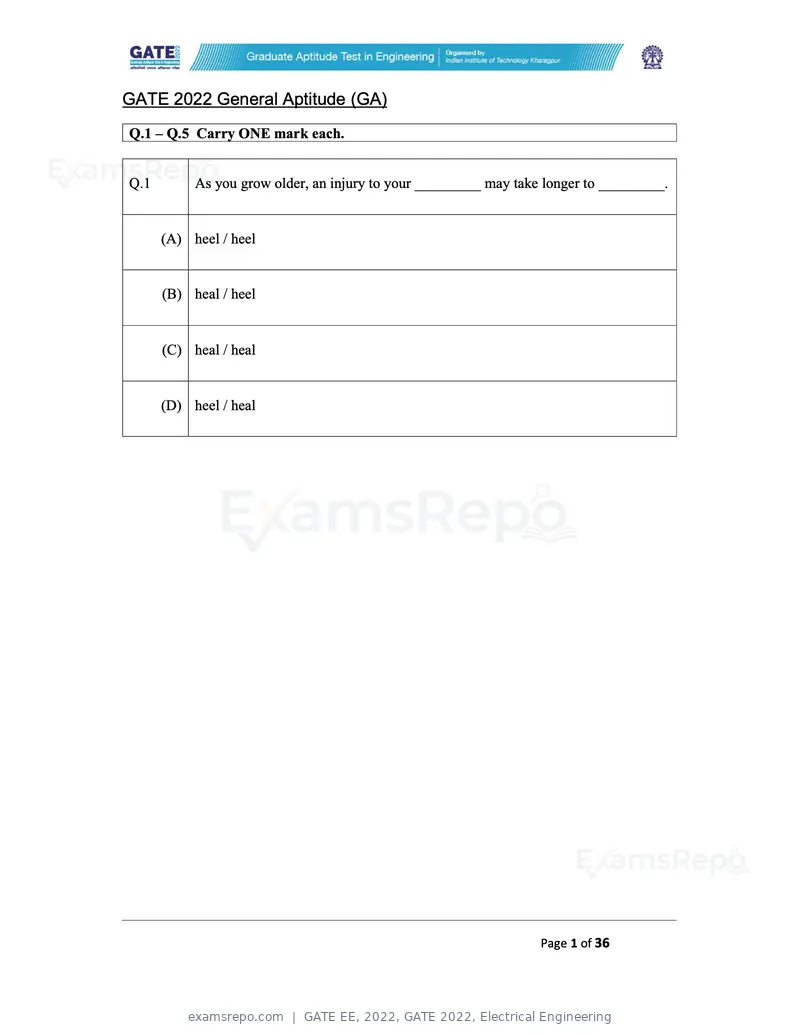 GATE EE 2022 question paper, GATE 2022, Electrical Engineering, page 1 of 38