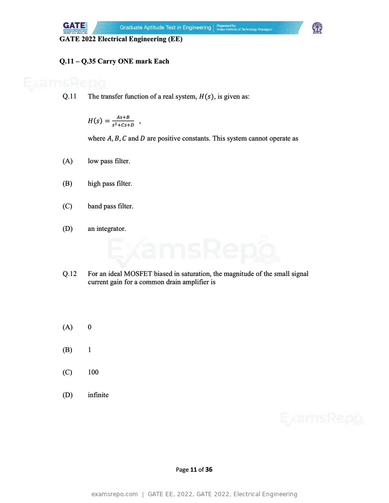 GATE EE 2022 question paper, GATE 2022, Electrical Engineering, page 11 of 38