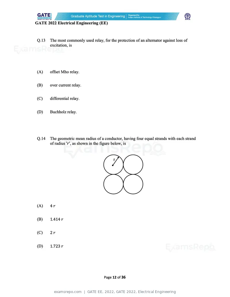 GATE EE 2022 question paper, GATE 2022, Electrical Engineering, page 12 of 38