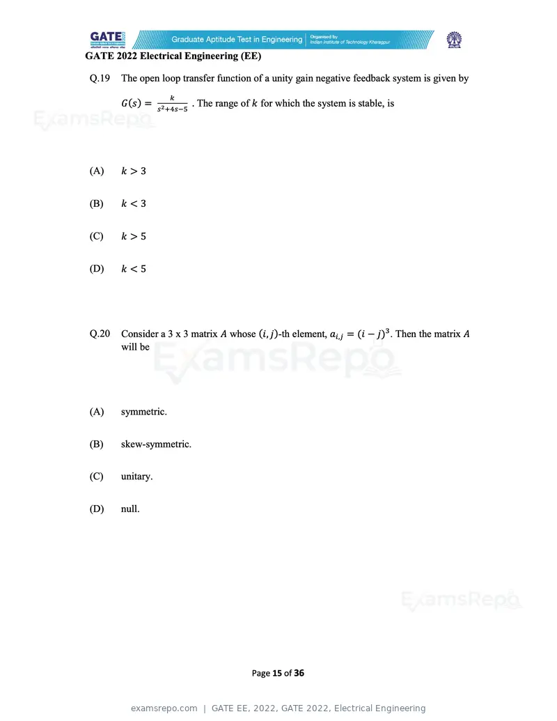 GATE EE 2022 question paper, GATE 2022, Electrical Engineering, page 15 of 38