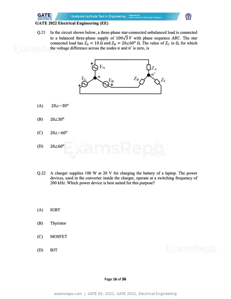 GATE EE 2022 question paper, GATE 2022, Electrical Engineering, page 16 of 38