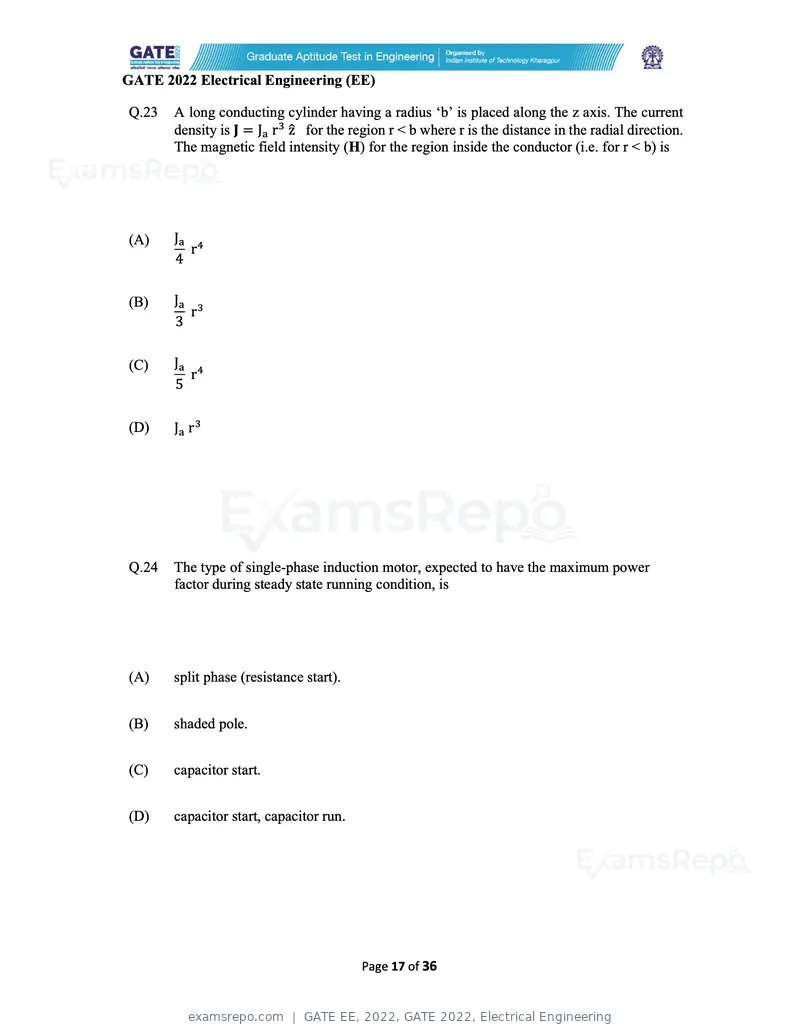 GATE EE 2022 question paper, GATE 2022, Electrical Engineering, page 17 of 38