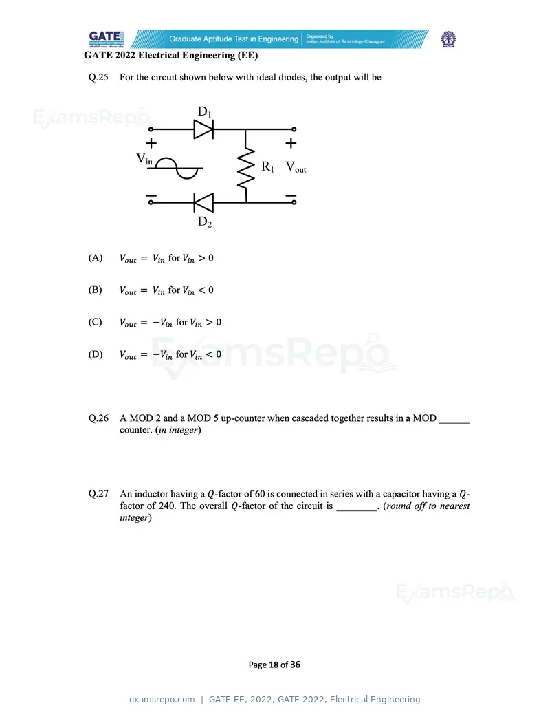 GATE EE 2022 question paper, GATE 2022, Electrical Engineering, page 18 of 38