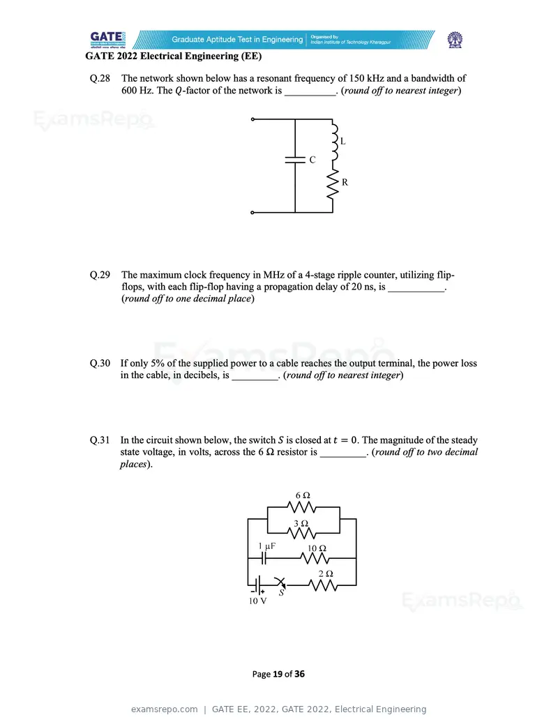 GATE EE 2022 question paper, GATE 2022, Electrical Engineering, page 19 of 38