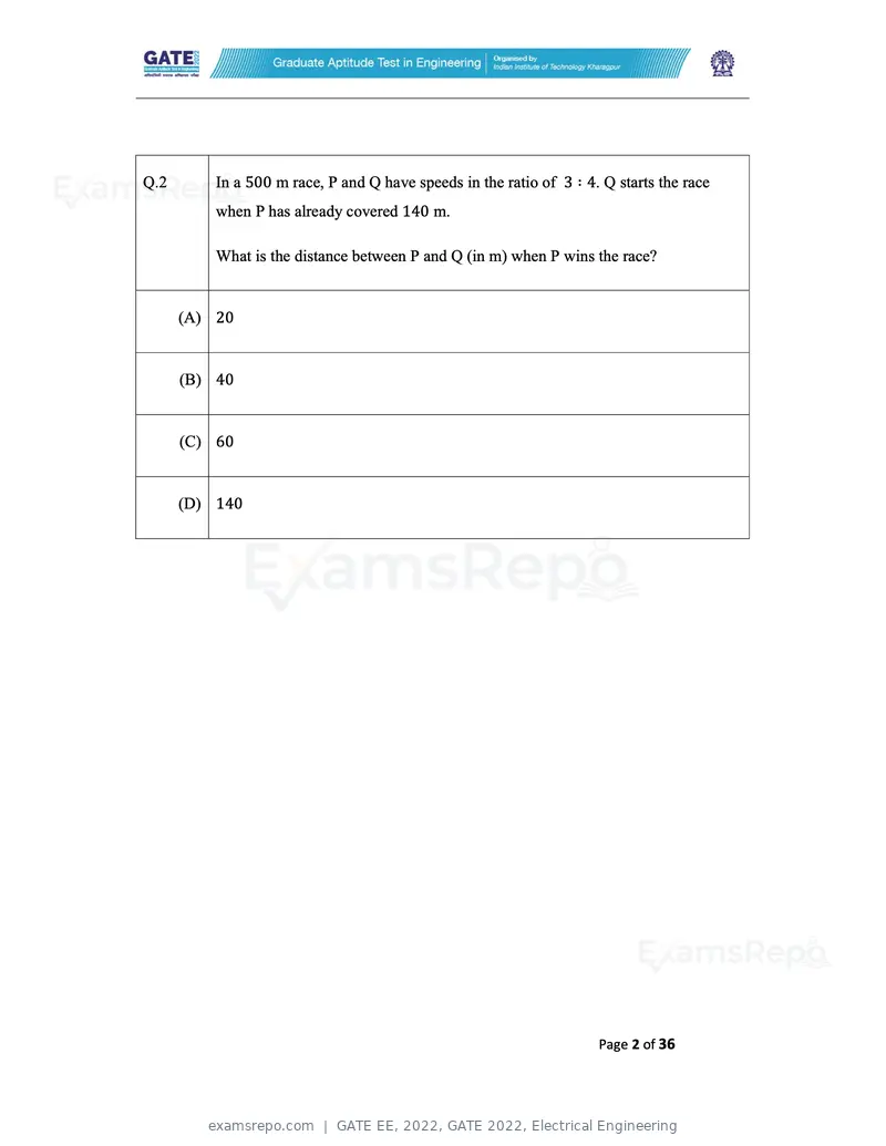 GATE EE 2022 question paper, GATE 2022, Electrical Engineering, page 2 of 38