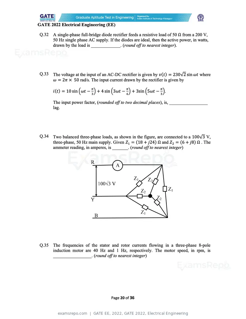 GATE EE 2022 question paper, GATE 2022, Electrical Engineering, page 20 of 38