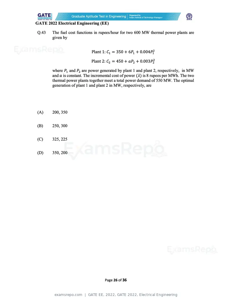 GATE EE 2022 question paper, GATE 2022, Electrical Engineering, page 26 of 38