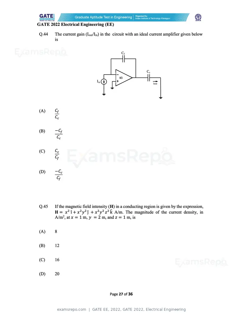 GATE EE 2022 question paper, GATE 2022, Electrical Engineering, page 27 of 38