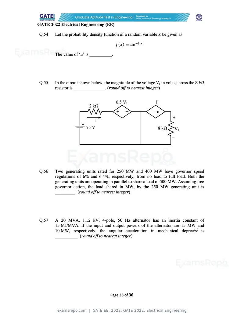 GATE EE 2022 question paper, GATE 2022, Electrical Engineering, page 33 of 38