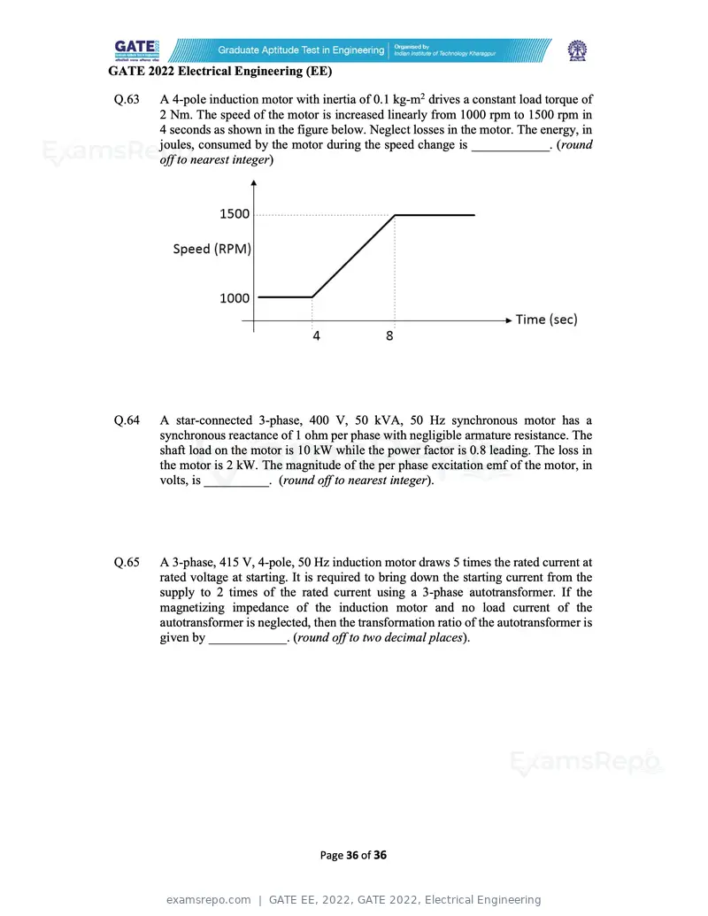 GATE EE 2022 question paper, GATE 2022, Electrical Engineering, page 36 of 38
